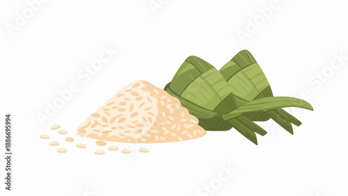 Two green leafy parcels sit beside a pile of rice grains on white background
