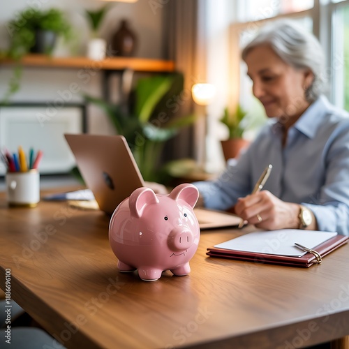 Financial Planning: Senior Woman Saving with Piggy Bank