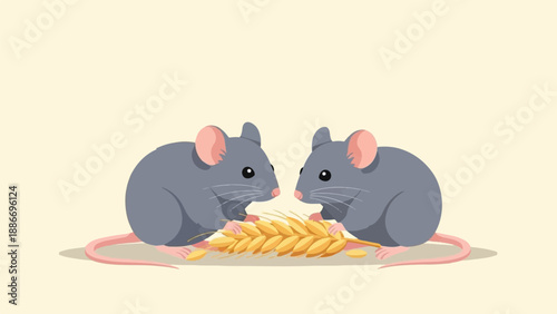 Two grey mice nibbling on a golden wheat stalk on a cream background