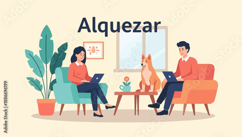 Two people and a dog relax in a room, each with a laptop