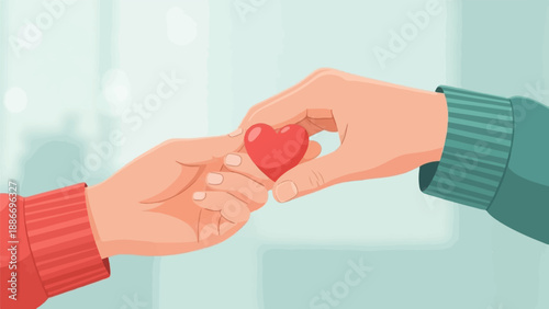 Two hands exchanging a small red heart, symbolizing love and connection