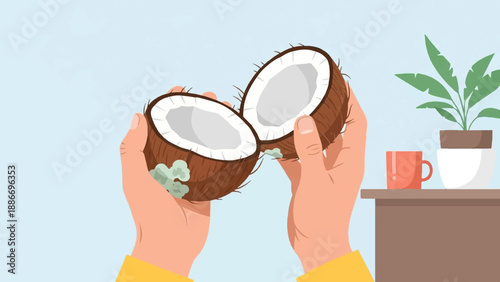 Two hands hold a cracked coconut with mold, near a plant and cup