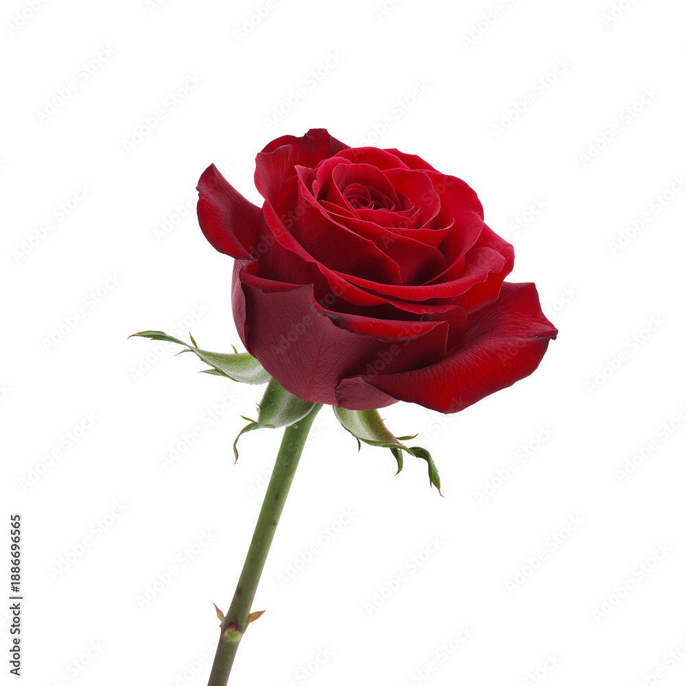 Fototapeta premium red rose flower with green stem and leaves isolated on transparent background 