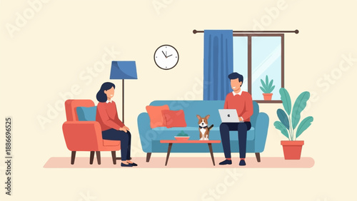 Two people and a dog relax indoors while one person uses a laptop