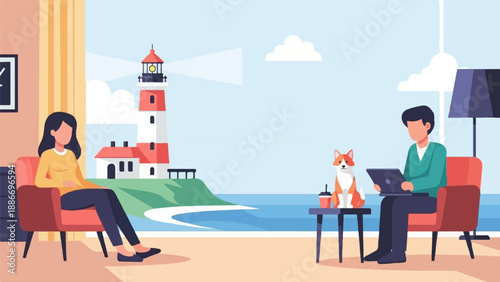 Two people and a dog relax indoors with a view of a lighthouse and the sea
