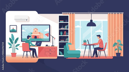 Two individuals working on laptops in a well-lit, modern home office setting