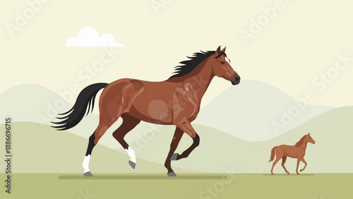 Two horses grazing in a field with rolling hills and a cloud in the sky