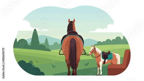 Two horses, one large and one small, stand in a green meadow with hills