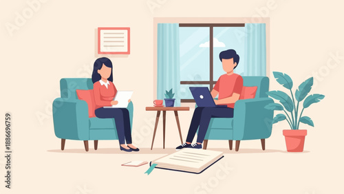 Two individuals working on laptops in a cozy living room