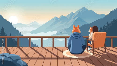 Two anthropomorphic foxes admire a mountain vista from a deck