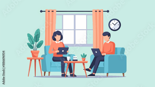 Two individuals work remotely on laptops while seated on sofas in a living room