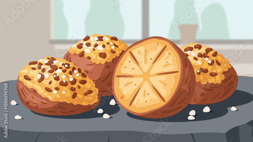 Three textured muffins, one orange slice, on dark cloth