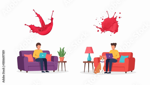 Two individuals on couches with laptops, accompanied by a dog and plants