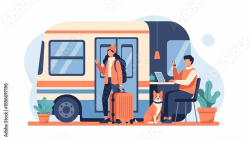 Travelers and a dog waiting by a bus with luggage and a laptop