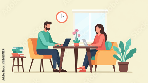 Two individuals work on laptops at a table in a minimalist room