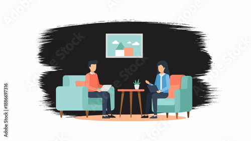 Two individuals sit in chairs, engaged in conversation, with a potted plant on a table