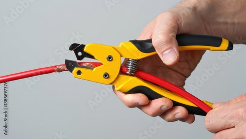 Close-up of hands using an automatic wire stripper to quickly and efficiently remove insulation from a red electrical cable, demonstrating modern tools for precision work and electrical tasks.
