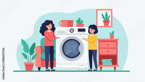 Two cartoon women stand next to a washing machine with plants and furniture