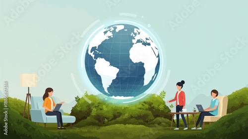 Three people working outdoors with a large glowing globe above green hills