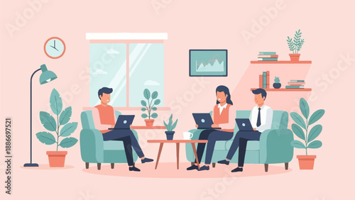 Three people working on laptops while sitting on couches in a room with plants