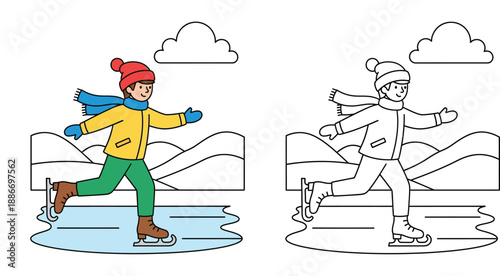 Coloring book page vector illustration of a happy boy ice skating on a frozen lake in winter with black and white outline for kids education.