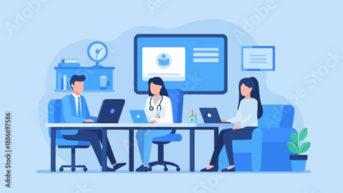 Three people working on laptops in a modern blue office setting