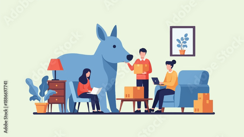 Three people work together in a room with a large blue dog