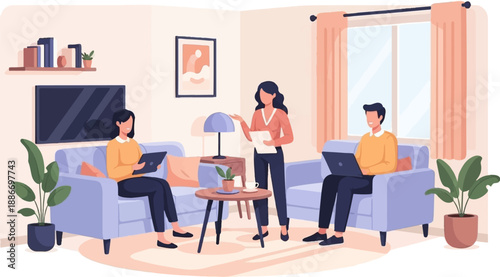 Three people work remotely in a living room with laptops and plants