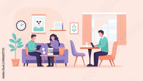 Three people work remotely in a cozy room with laptops and tablets