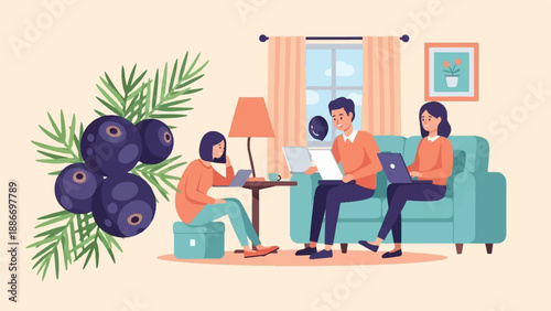 Three people work on laptops in a living room with a sprig of berries