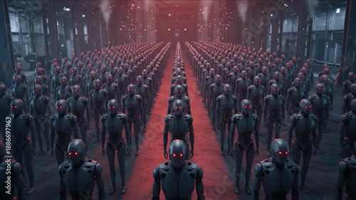 Robot Army Grey Androids Marching in Factory with SciFi Dystopia.