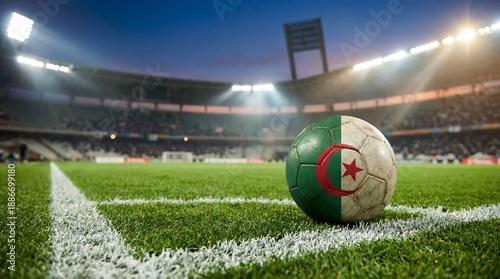 Algerian football on green stadium field with stadium lights