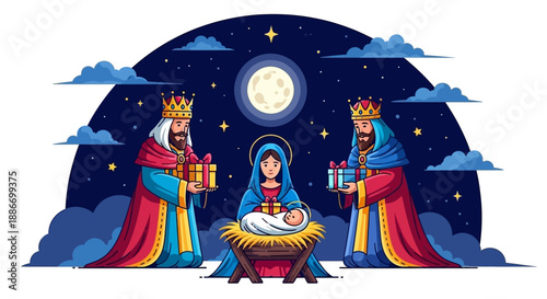 Nativity Scene with Three Wise Men Presenting Gifts to Baby Jesus