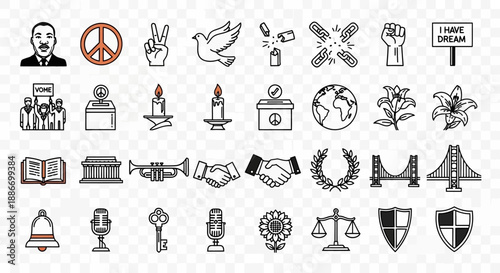 Collection of Icons Representing Peace, Justice, Freedom, and Civil Rights