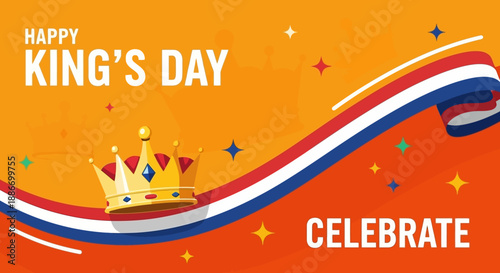 Happy King's Day Celebration Banner with Crown and Dutch Flag Colors