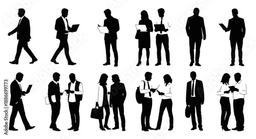 Diverse Silhouettes of Business People in Professional Attire, Engaged in Work Activities