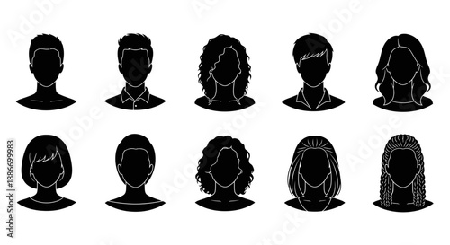 Diverse Set of Anonymous People Silhouettes with Various Hairstyles