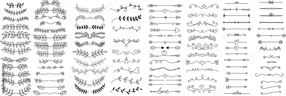 Naklejka premium Elegant hand drawn botanical leaves collection created in a minimalist line art style. This abstract set of floral branches and foliage elements is perfect for modern branding, logo design, packaging,