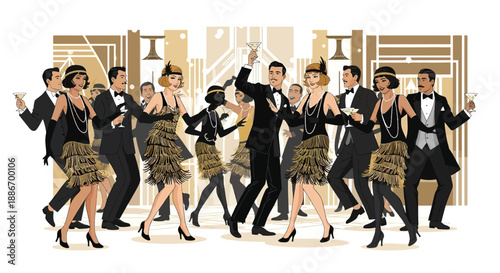 1920s Flapper Party: Stylish Men and Women Dancing and Socializing at a Gala
