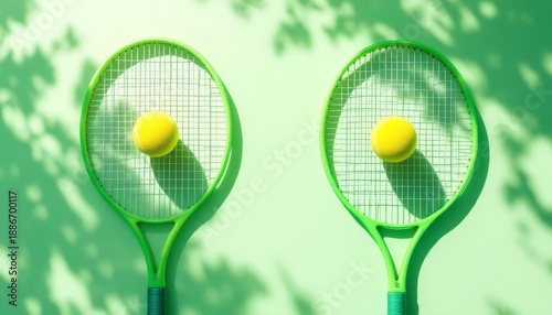 Two green tennis rackets with yellow balls on a green background