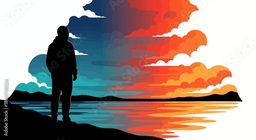Silhouette of a Person Gazing at a Dramatic Sky Reflecting in Water