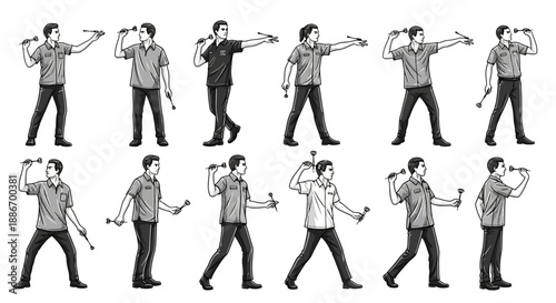 Man Demonstrating Baton Twirling Performance Movements Isolated on White Background