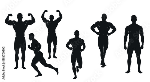 Silhouettes of Muscular Men Posing, Running, and Standing in Dynamic Fitness Poses