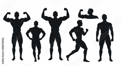 Silhouettes of Muscular Bodybuilders Posing and Running in Dynamic Positions