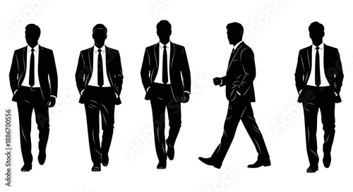 Silhouettes of businessmen in suits walking and standing against a white background