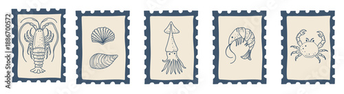 Decorative vintage-style postage stamps featuring seafood elements. Coastal inspired set suitable for packaging, branding, posters and creative projects.