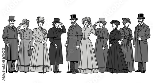 Vintage Fashion: Victorian Era Men and Women in Formal Attire, Top Hats, and Dresses