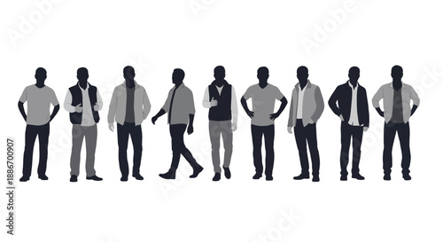 Diverse Group of Men Silhouettes Posed in Casual Outfits on White Background