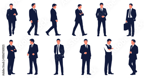 Diverse Businessmen Poses Set, Professional Men in Suits and Briefcase Icons