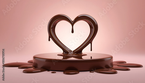 Chocolate heart shape on a round platform with melted chocolate splatters on pink background
